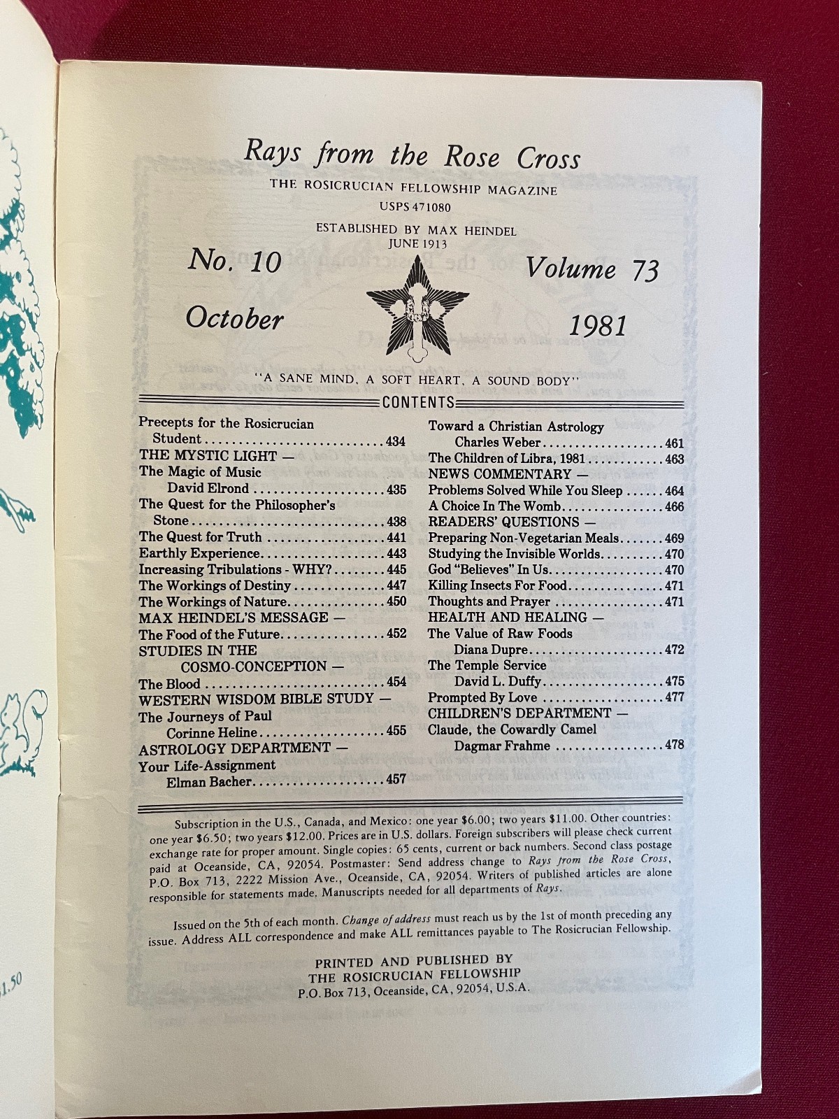 The Rosicrucian Fellowship Magazine Oct. 1981 Rays From The Rose Cross New Age
