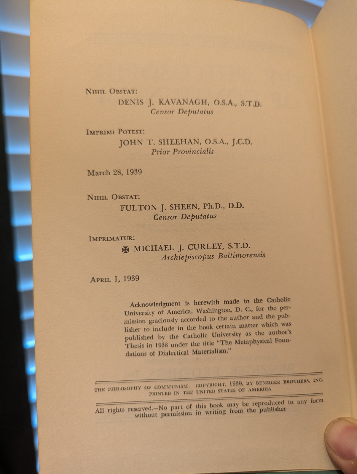The Philosophy of Communism, McFadden, 1939, Benziger Brothers, great condition