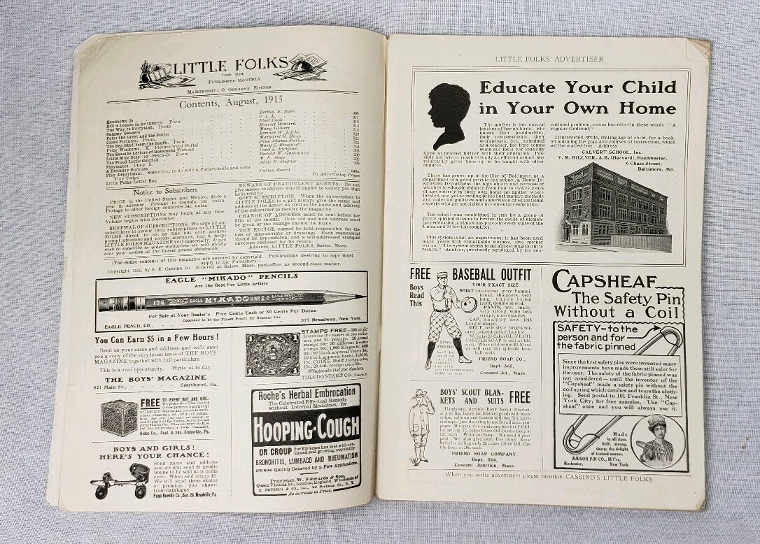 Antique Little Folks Monthly Children’s Magazine August 1915 Great Advertising