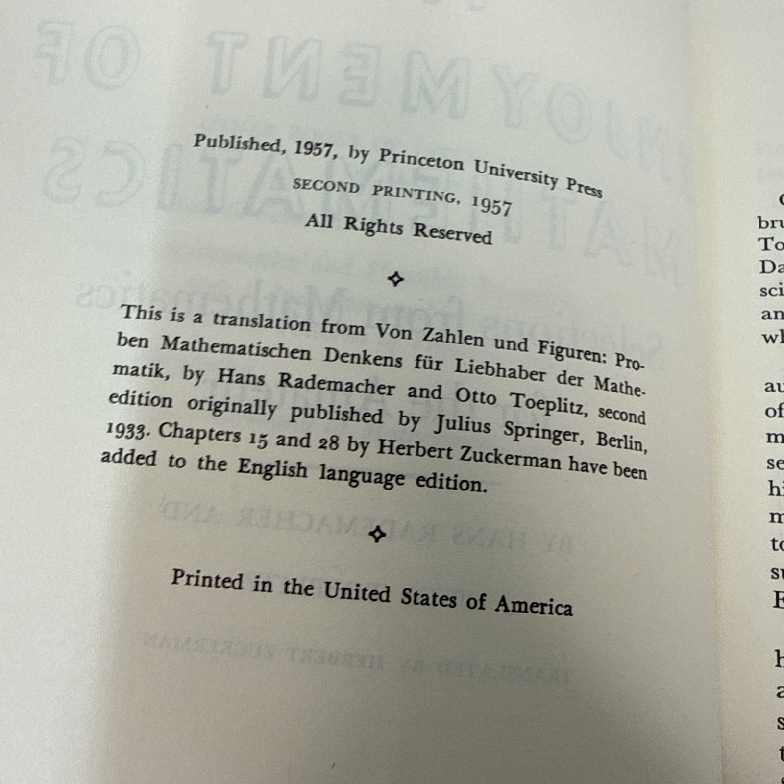 The Enjoyment Of Mathematics Hans Rademacher & Coeplitz 1957 2nd Print