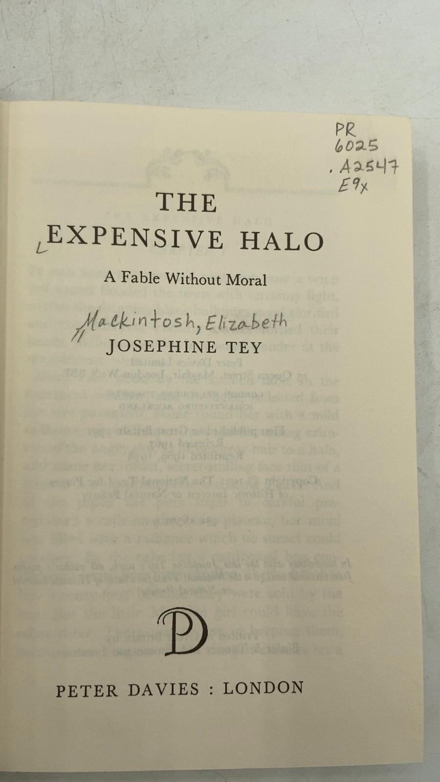 THE Expensive Halo Josephine TEY Hardcover Reprinted 1978 1978