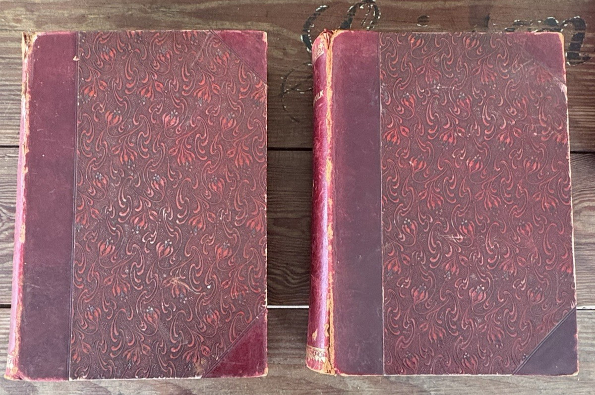 Antique Decorative Pair of Books Red Full Leather 1910 Danish Lande Og Folk