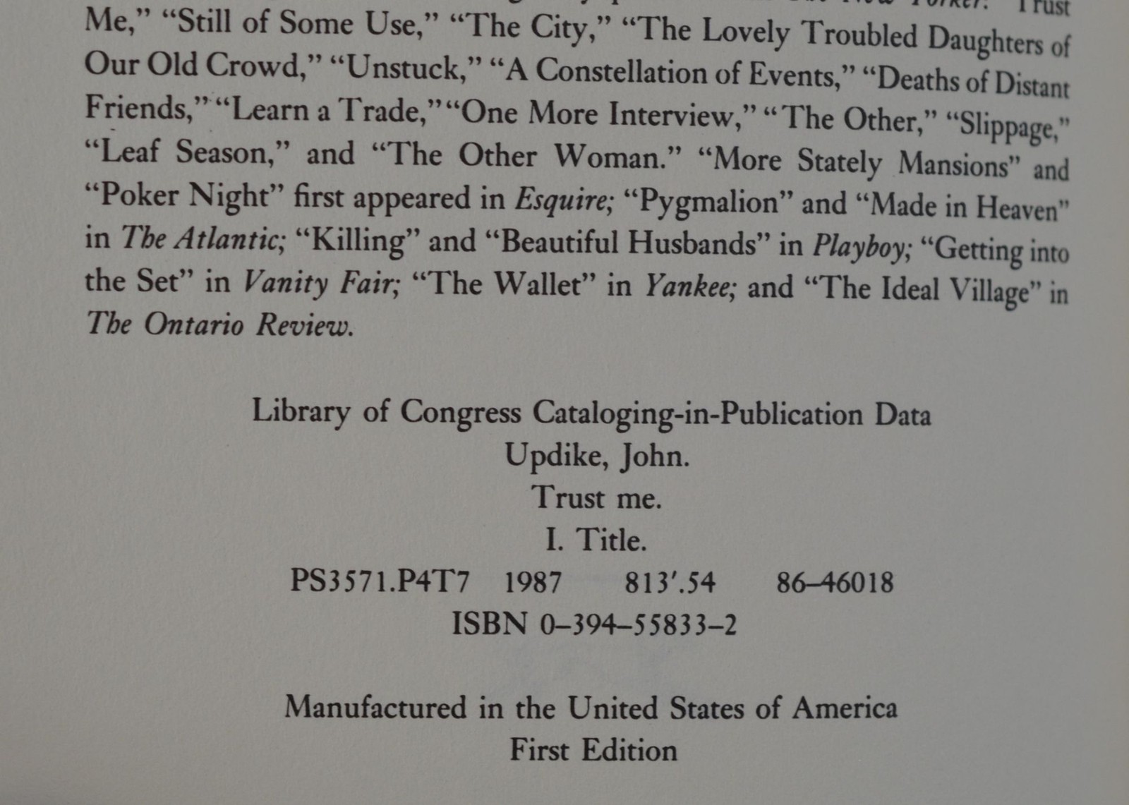 John Updike / Trust Me 1st Edition 1987 GIFT QUALITY