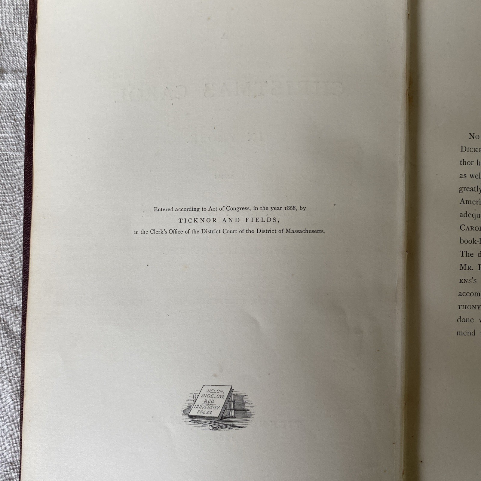 Charles Dickens Illus. Cloth Bound A Christmas Carol 1869 Ticknor & Field Boston
