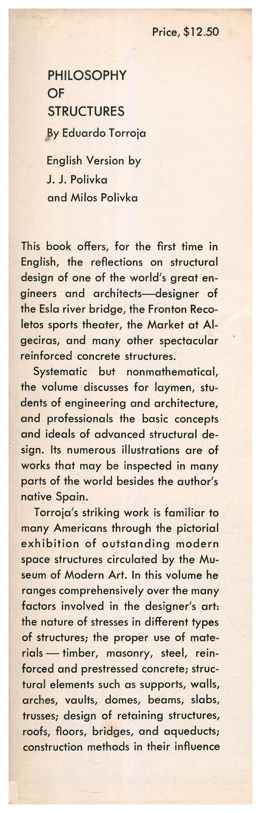 Philosophy of Structures by Eduardo Torroja HC 1958 1st Architecture W8