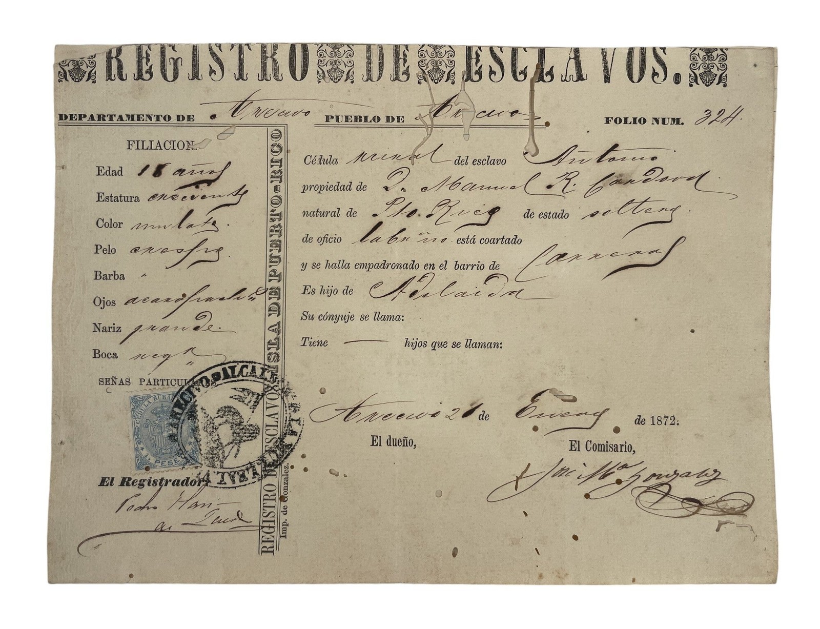 Puerto Rico / Slave Registry Listing an 18 Year Old Mulato Male Empadronamiento