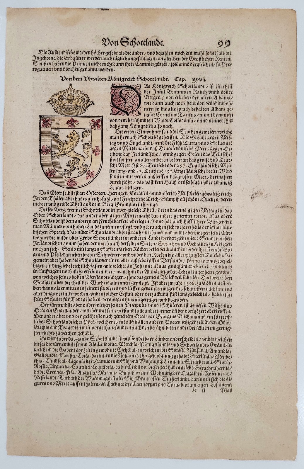 1614 Cosmographia Leaf – Scotland – Hand-Coloured Royal Coat of Arms & Initial