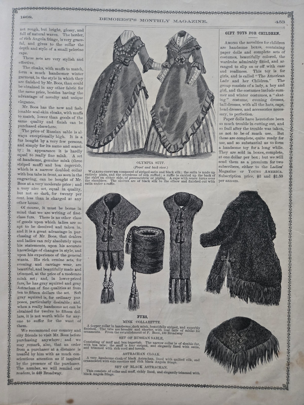Demorest’s Monthly Magazine Dec 1868 FASHION LITERATURE ART & ADS
