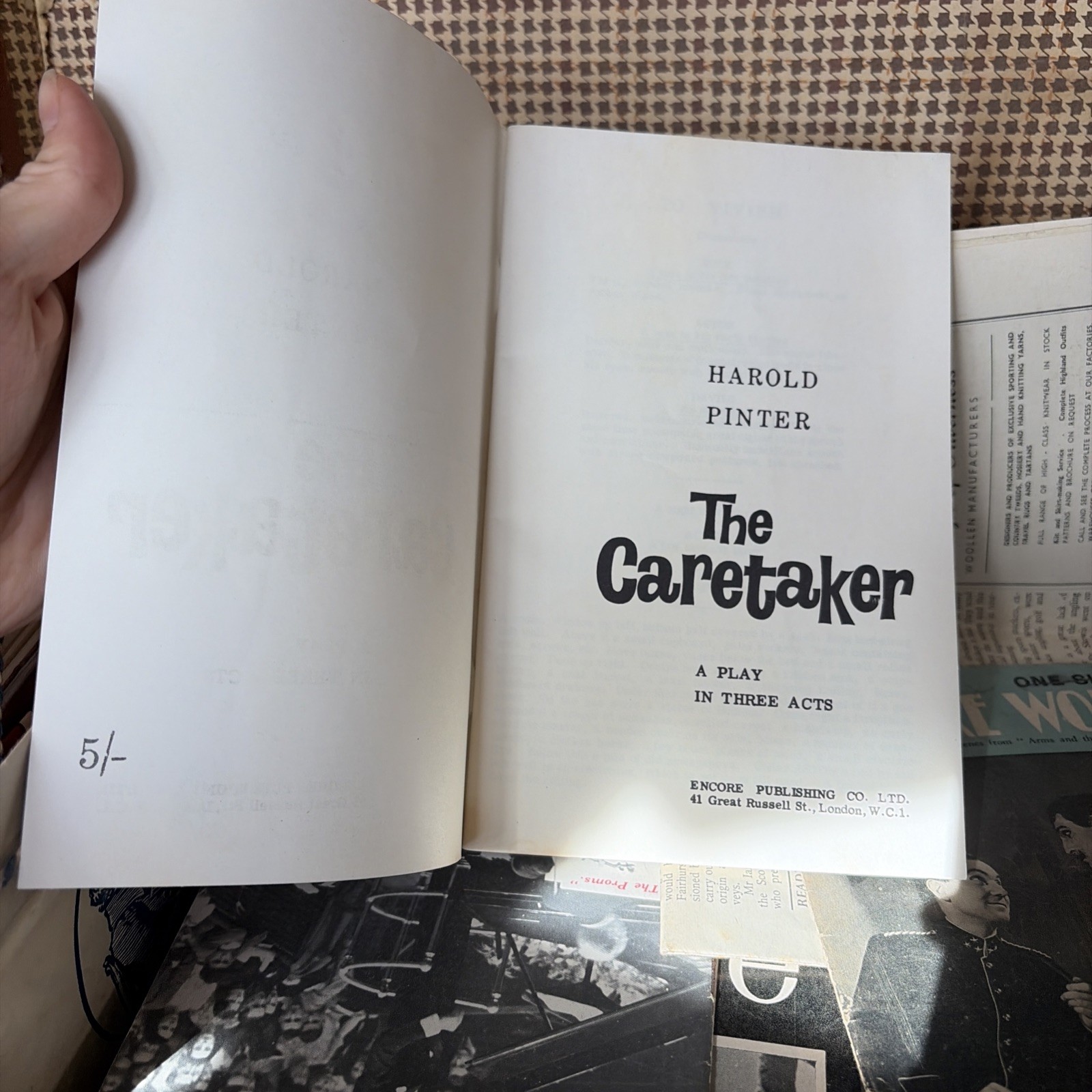 First edition Vintage “The Caretaker” Harold Pinter, Encore Publishing 1960