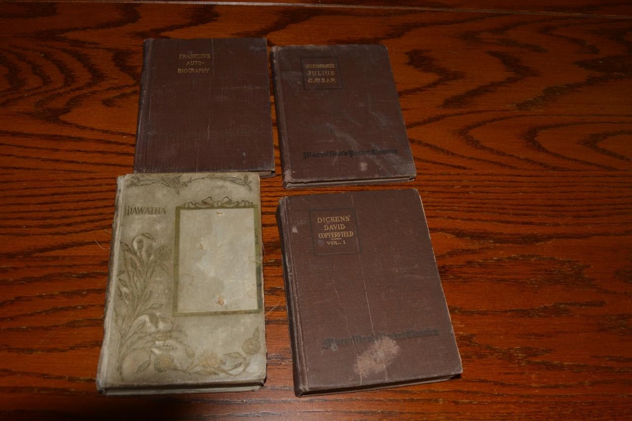 4 Antique Books Macmillian Pocket Classics Hiawatha Dickens J Caesar B Franklin