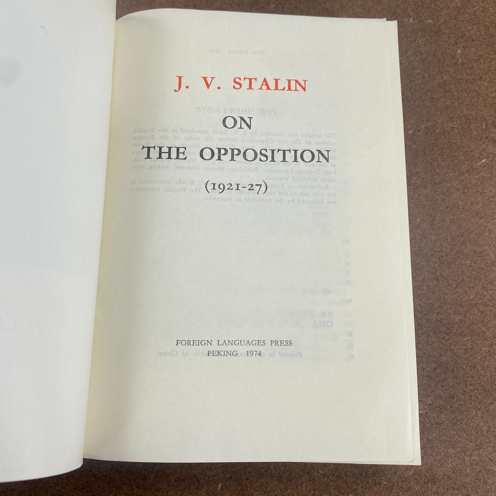 Stalin On the Opposition 1974 1st Edition USSR Soviet Communist Paperback Book