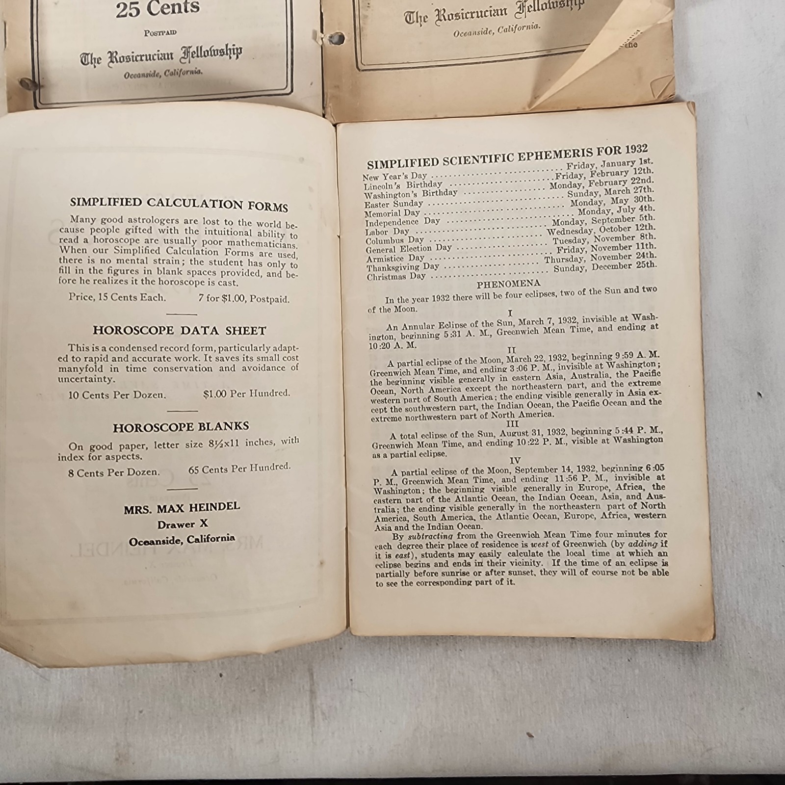 Lot 15 Simplified Scientific Ephemeris – Rosicrucian Fellowship 1908 – 1932