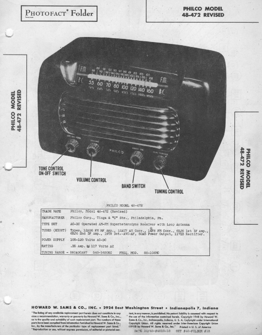 Philco – 48-472 Revised – Radio – Original Service Manual – 1948