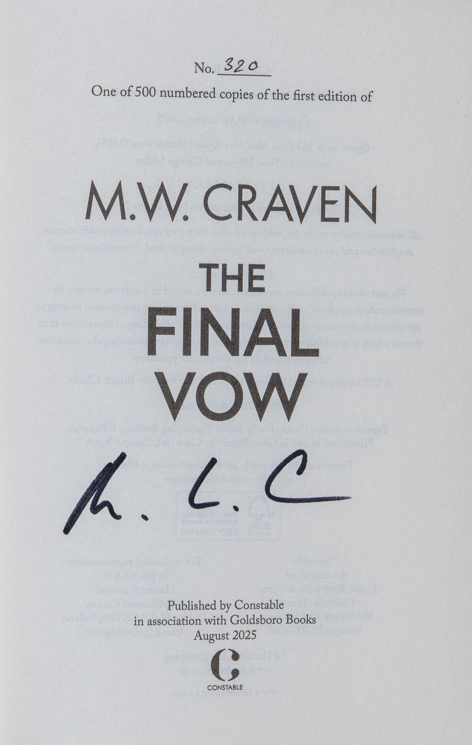 M W Craven / The Final Vow A Poe and Bradshaw Thriller Signed 1st Edition 2025