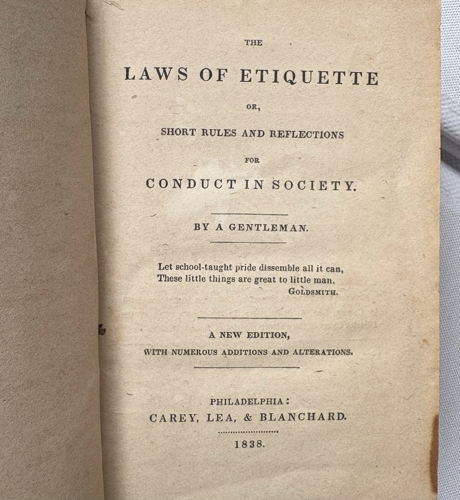 Antique 1836 Laws of Etiquette Book 2nd Ed NYC School Prize Plate Bleecker St