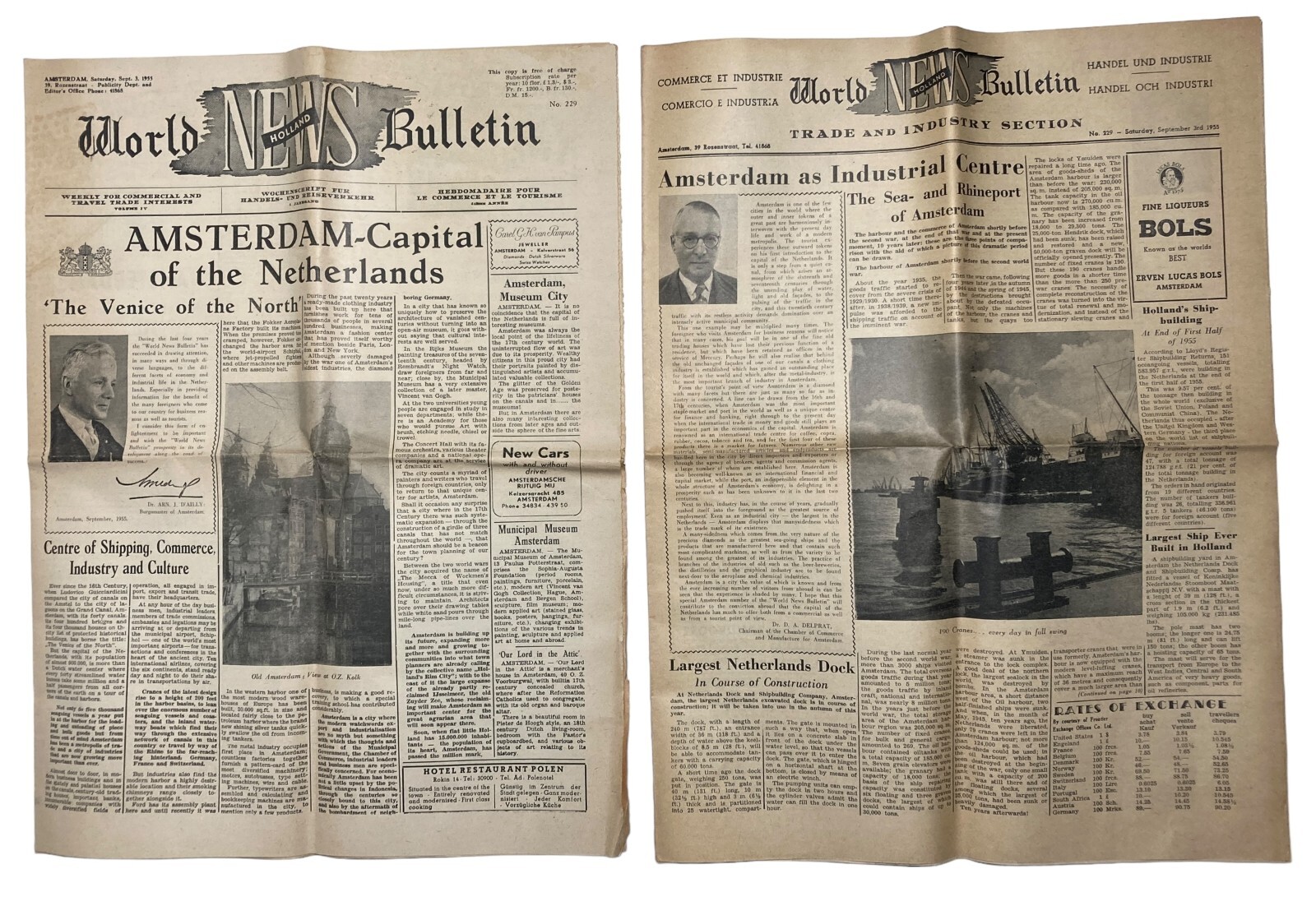 Holland World News Bulletin Amsterdam Vintage 1955 English German 2 Newspapers