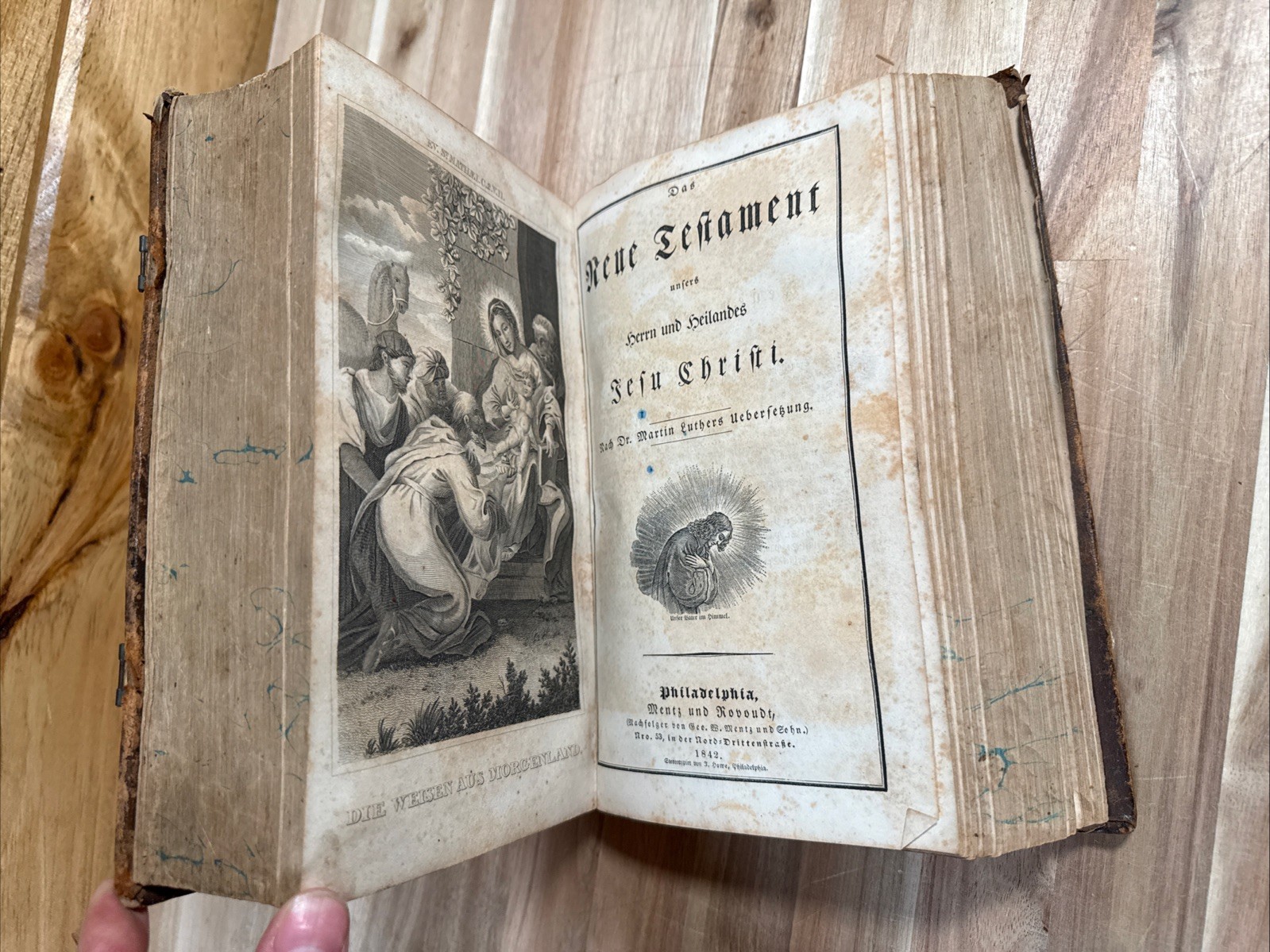 1842 HOLY BIBLE german ILLUSTRATED phiadelphia LUTHER leather ANTIQUE old