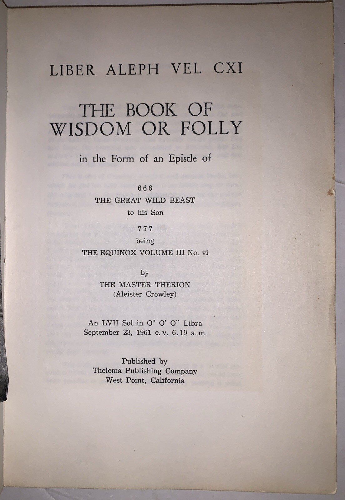 1st Ed, ALEISTER CROWLEY, LIBER ALEPH: THE BOOK OF WISDOM OR FOLLY, OCCULT