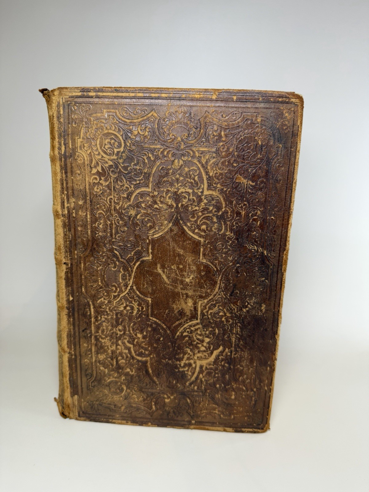 1860 Antique Holy Bible Large Embossed Leather Gothic Display Statement Book
