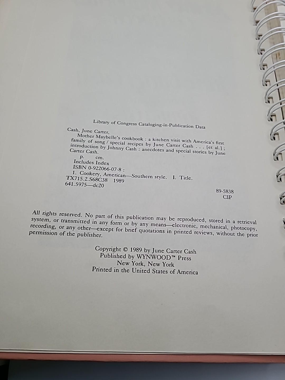 Vtg Mother Maybelle’s Cookbook by June Carter Cash 1989 Hardback Spiral Book