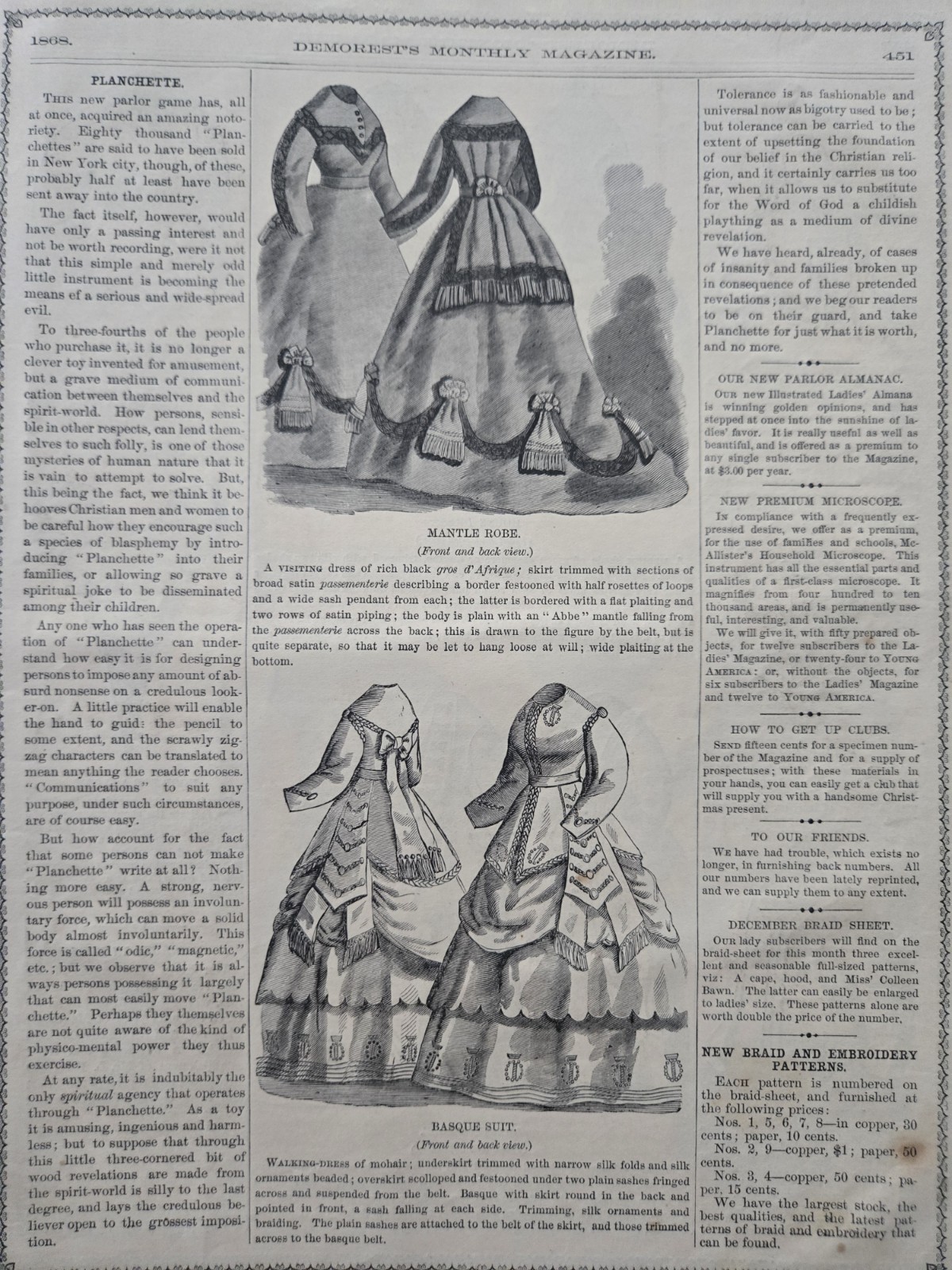 Demorest’s Monthly Magazine Dec 1868 FASHION LITERATURE ART & ADS
