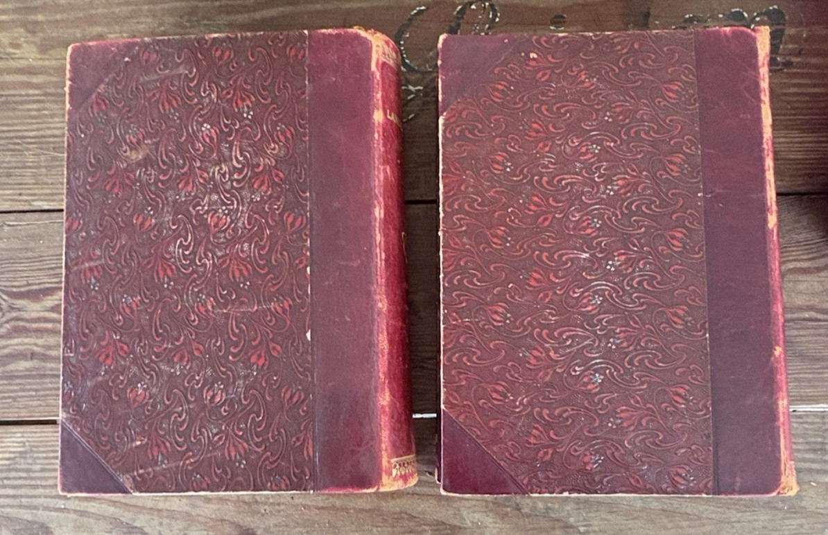 Antique Decorative Pair of Books Red Full Leather 1910 Danish Lande Og Folk