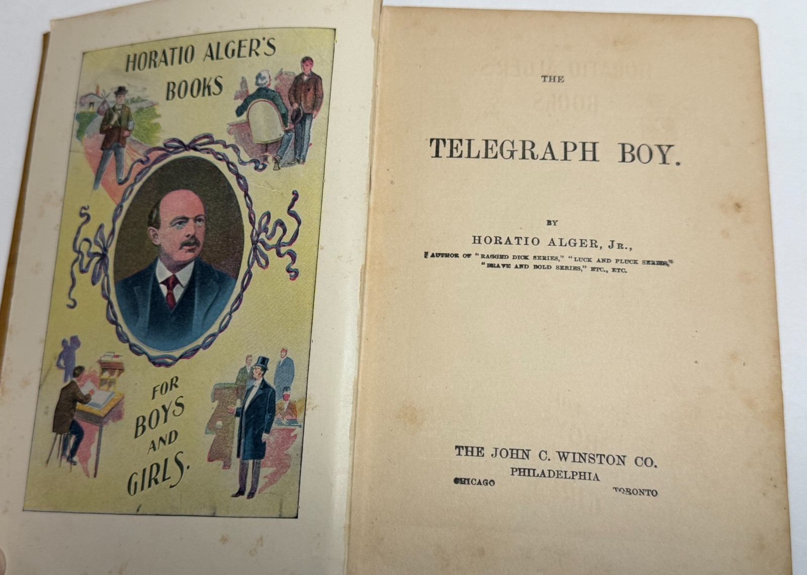 2 Antique Horatio Alger Jr. HC Novels – Risen from the Ranks & The Telegraph Boy