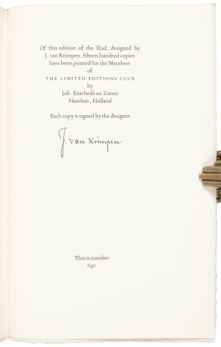 HOMER The Iliad Pope Limited Editions Club 1931 SIGNED van Krimpen #630 of 1500