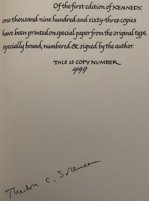 Kennedy by Sorensen Harper & Row 1965 hc+dj, signed, limited edition number 499