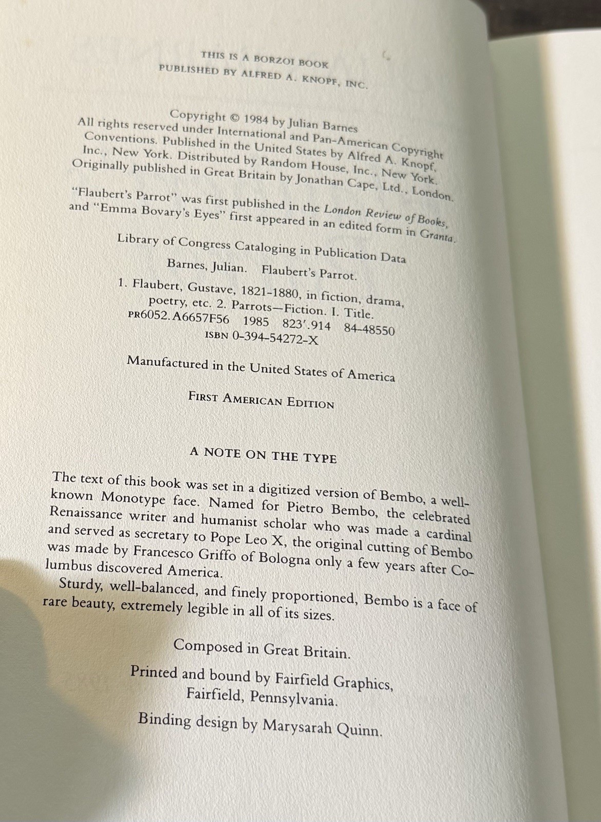 Flaubert’s Parrot / Julian Barnes / 1st US Ed. / HCDJ / Knopf, 1985