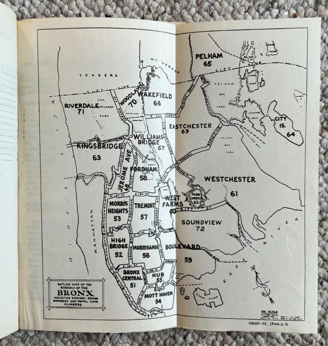 1952 Post Office Seperation Scheme Of New York, NY Borough Of The Bronx Booklet