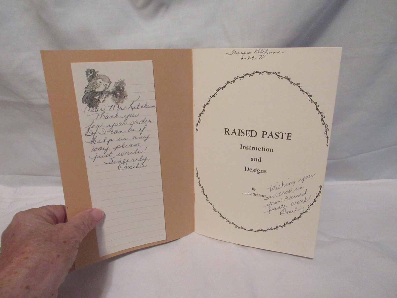 Autographed 1978 Raised Paste Instruction and Designs by Emilie Schlagel W/ Note
