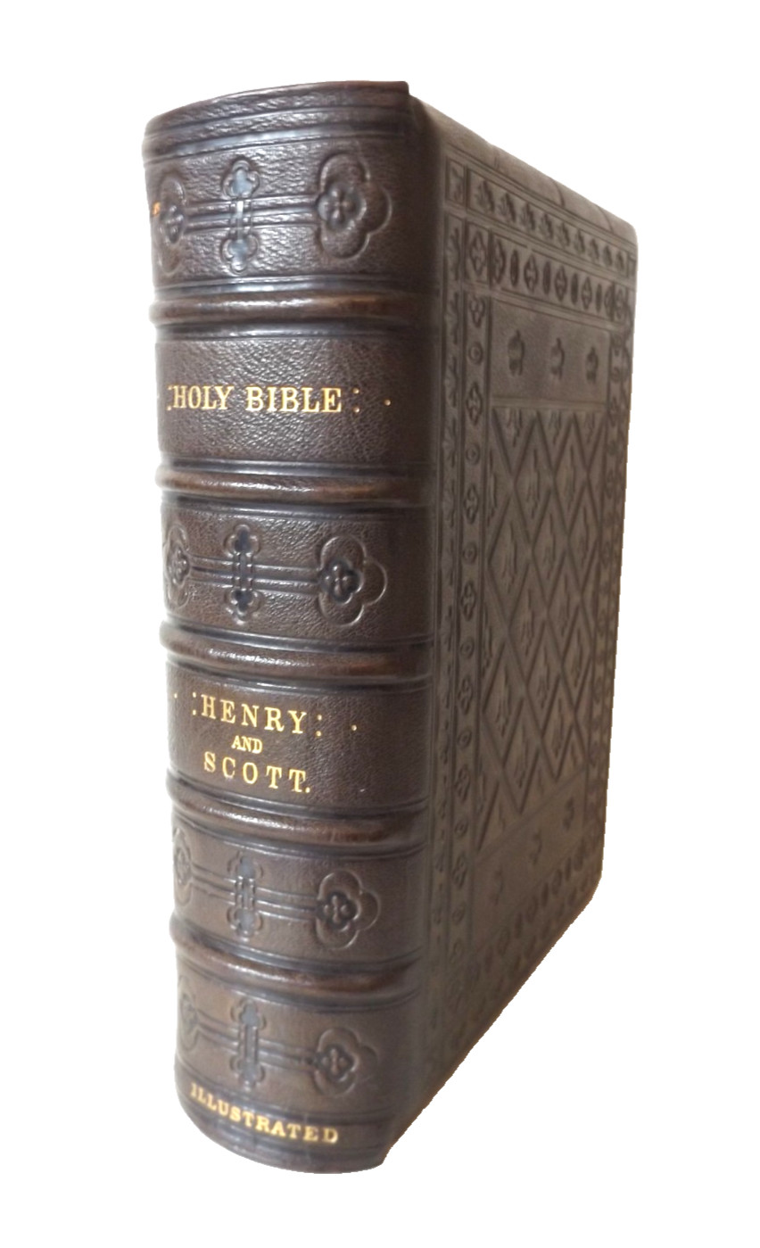 1860 The HOLY BIBLE Original Embossed Leather Binding COMMENTARIES Henry & Scot