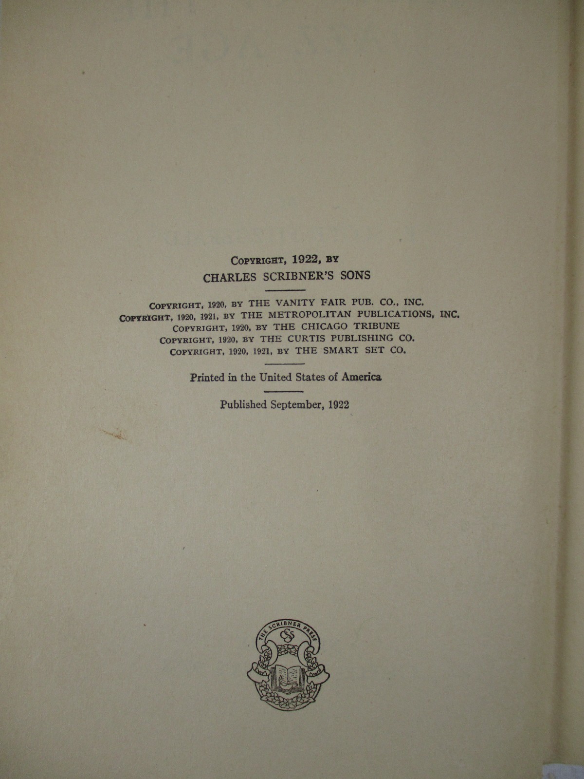 1st Edition “Tales of the Jazz Age” F. Scott Fitzgerald 1922 Scribner’s Sons HC