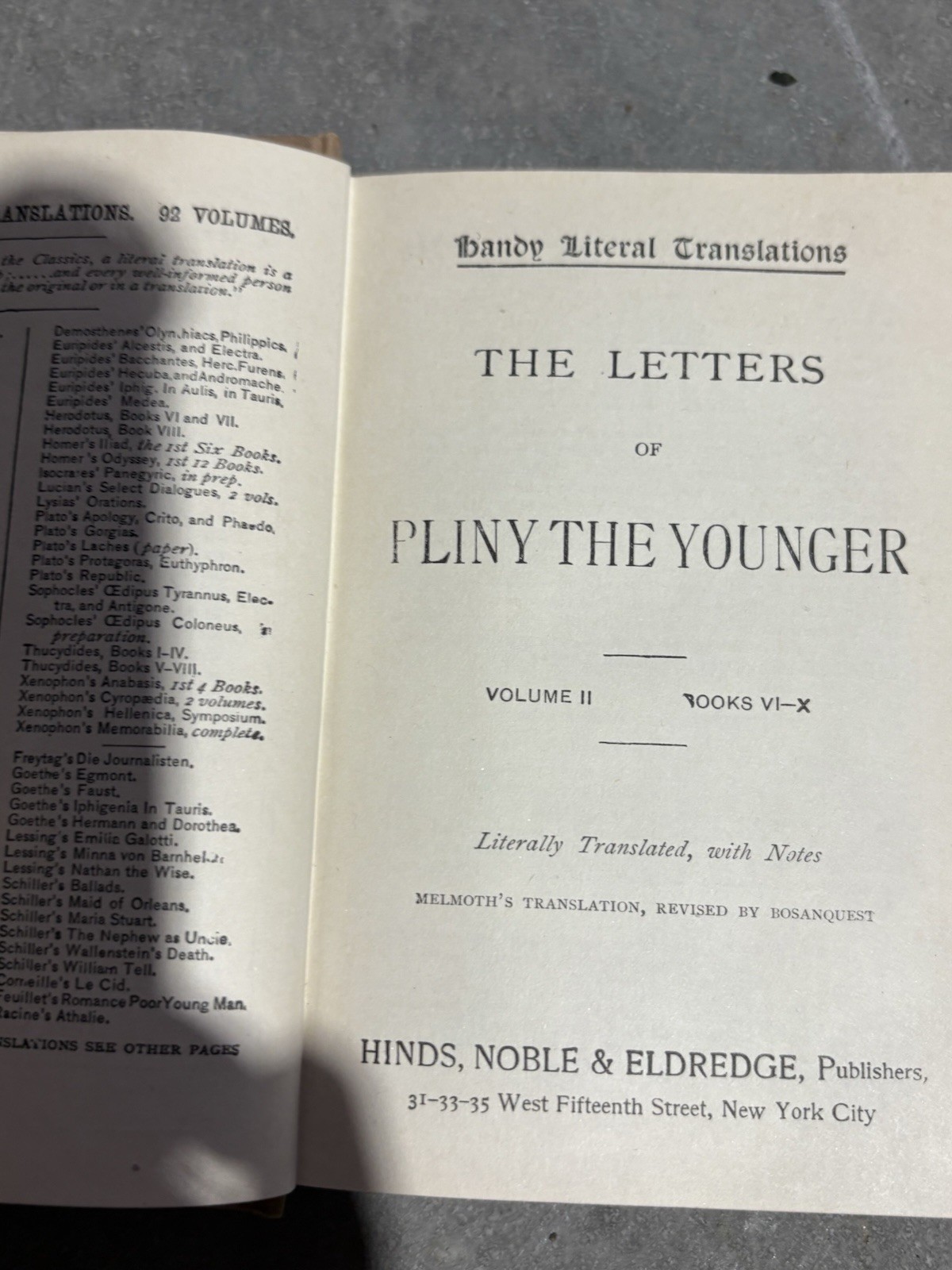 Antique Book PLINY’S LETTERS BooKs VI To X By HANDY LITERAL TRANSLATIONS 1900
