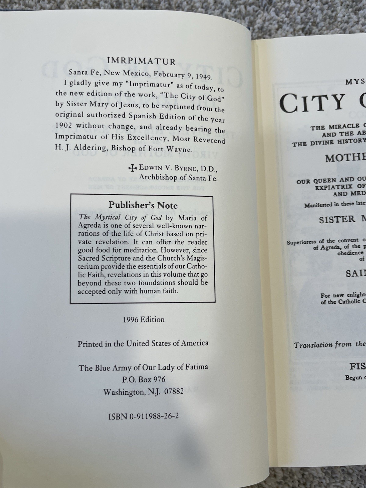City of God The Conception Vol 1 Mary of Agreda AMI Press Washington NJ HC