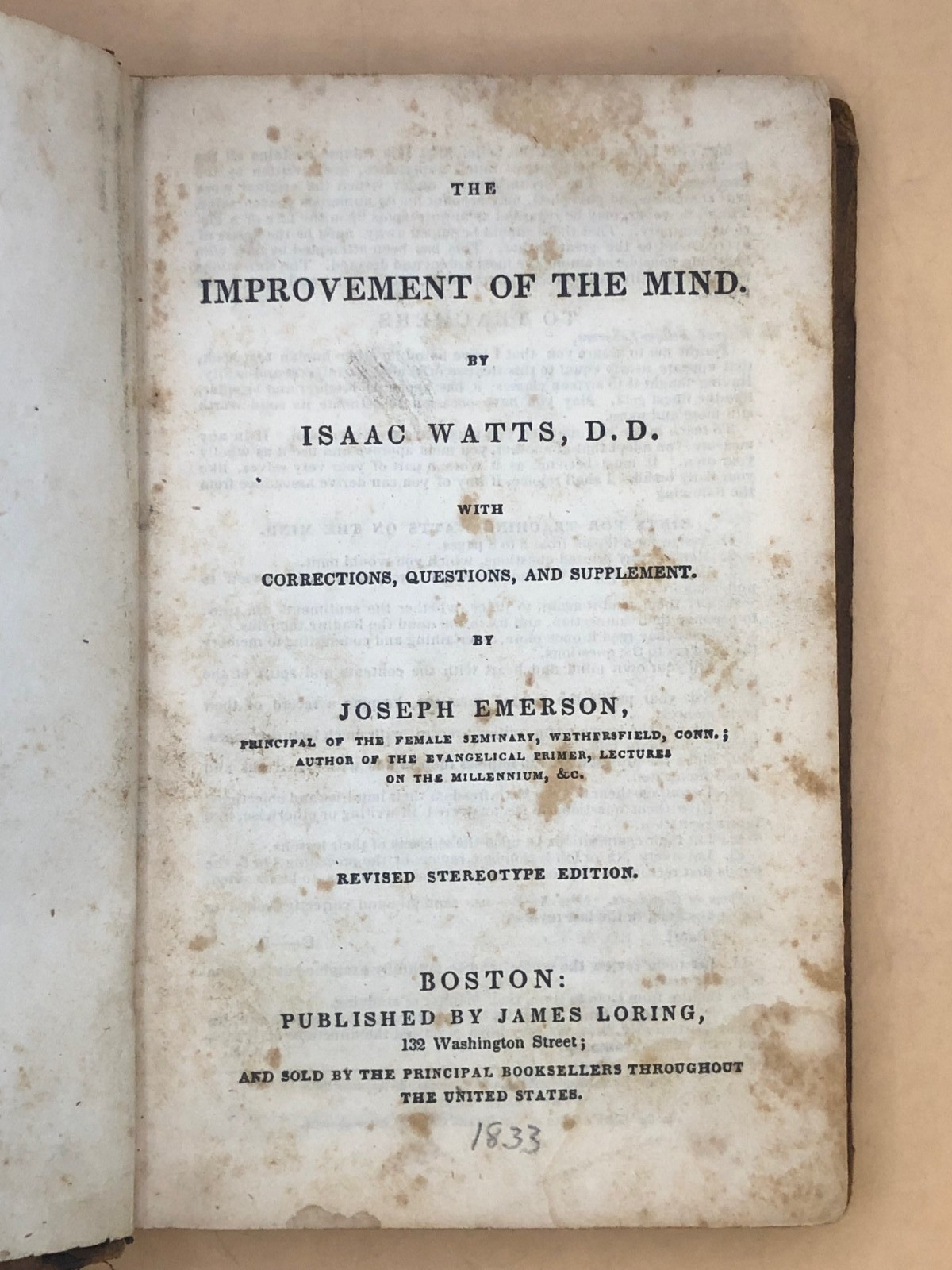 Watts Improvement of the Mind 1833 OLD ANTIQUE ANTEBELLUM SELF HELP BOOK