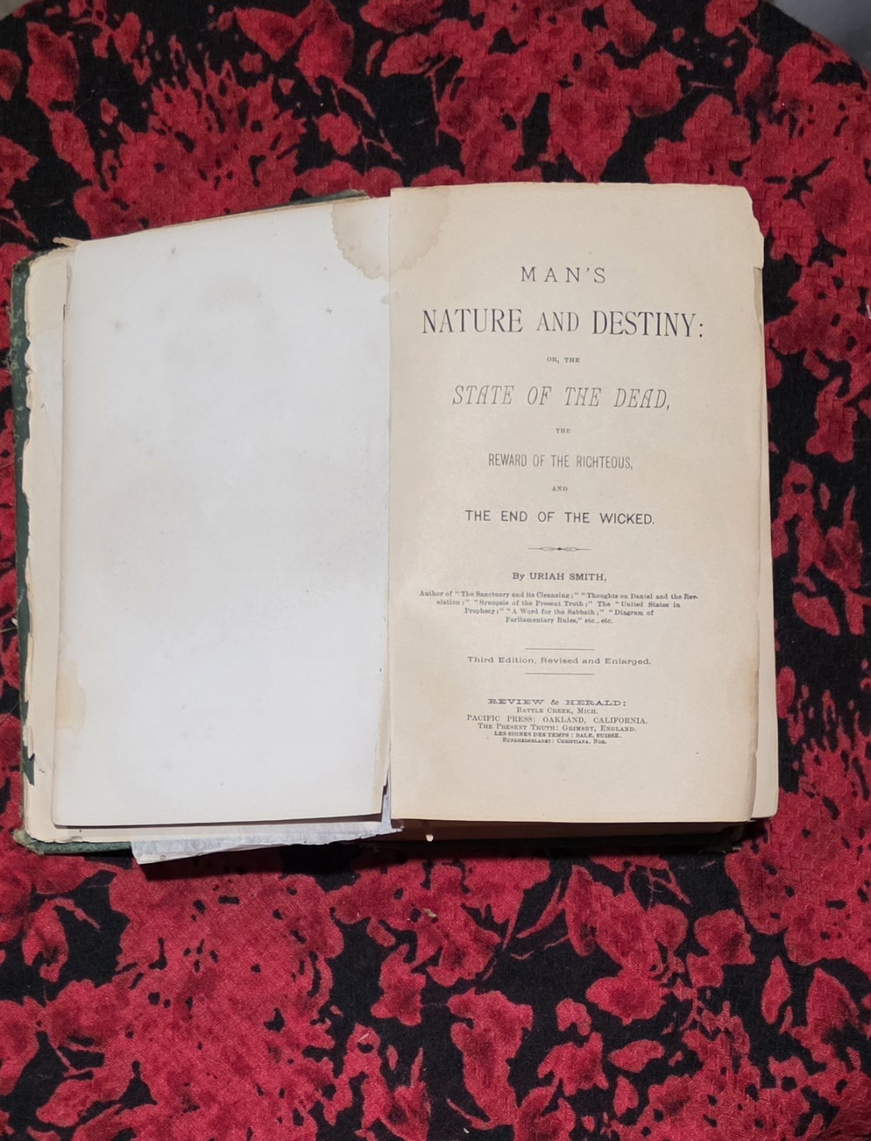 Antique 1884 Man’s Nature and Destiny Uriah Smith SDA Hardcover Religious Book