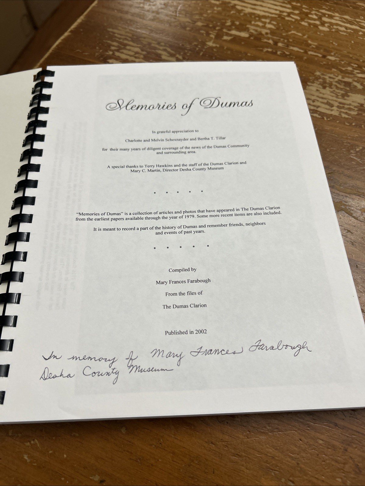 Memories Of Dumas 1st 75 Years Mary Farabough 2002 Dumas Clarion Arkansas Spiral