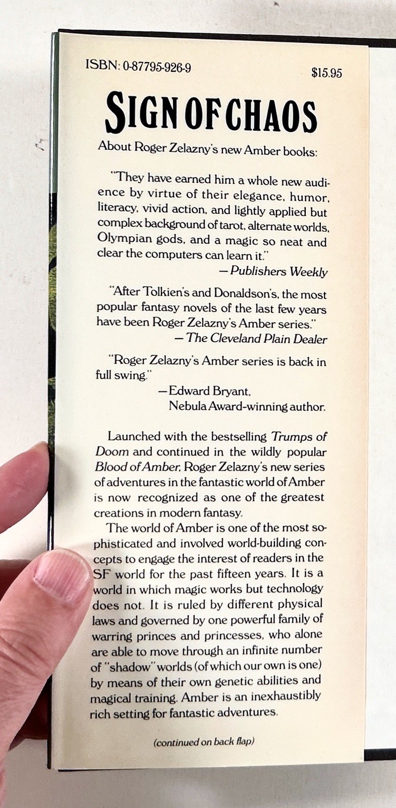 1987 Zelazny SIGN OF CHAOS Chronicles of Amber series HC/DJ ARBOR HOUSE
