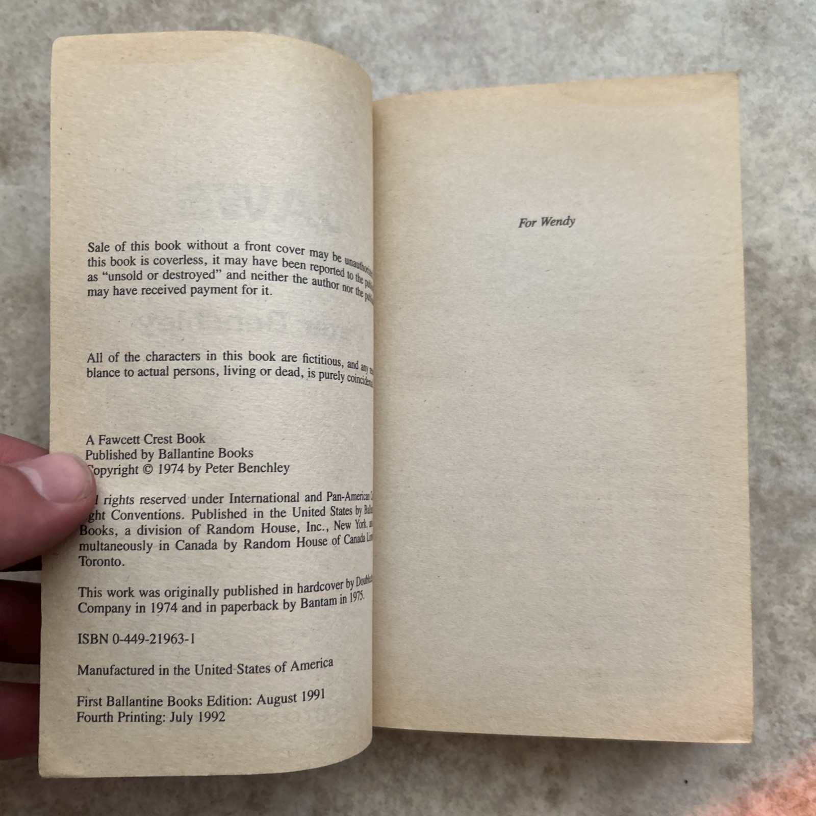 Jaws By Peter Benchley (Book, 1991, 1st Ed 4th Print) Vintage Paperback Horror