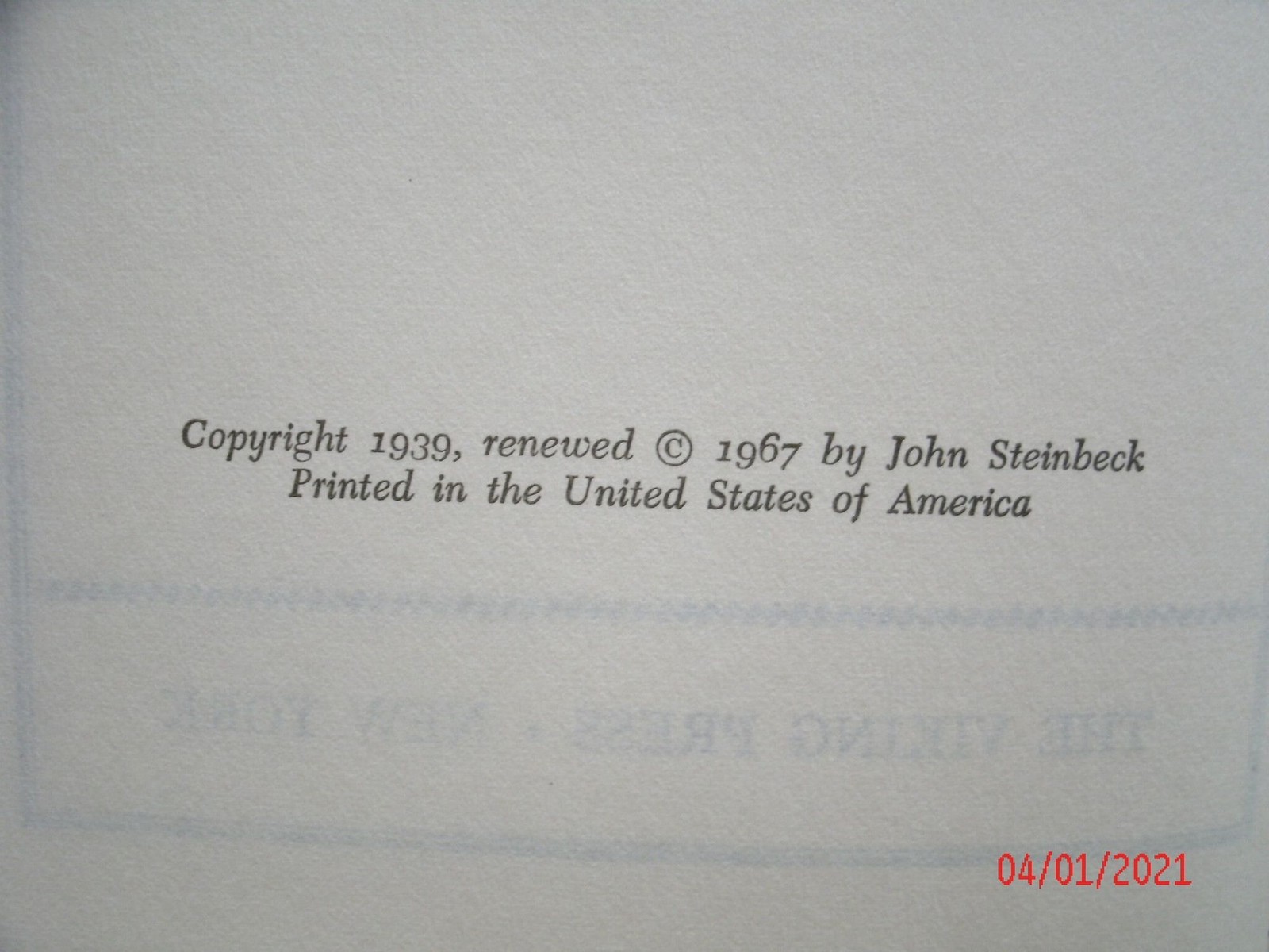 Vintage 1967 Classic Book: The Grapes Of Wrath By John Steinbeck Viking Press