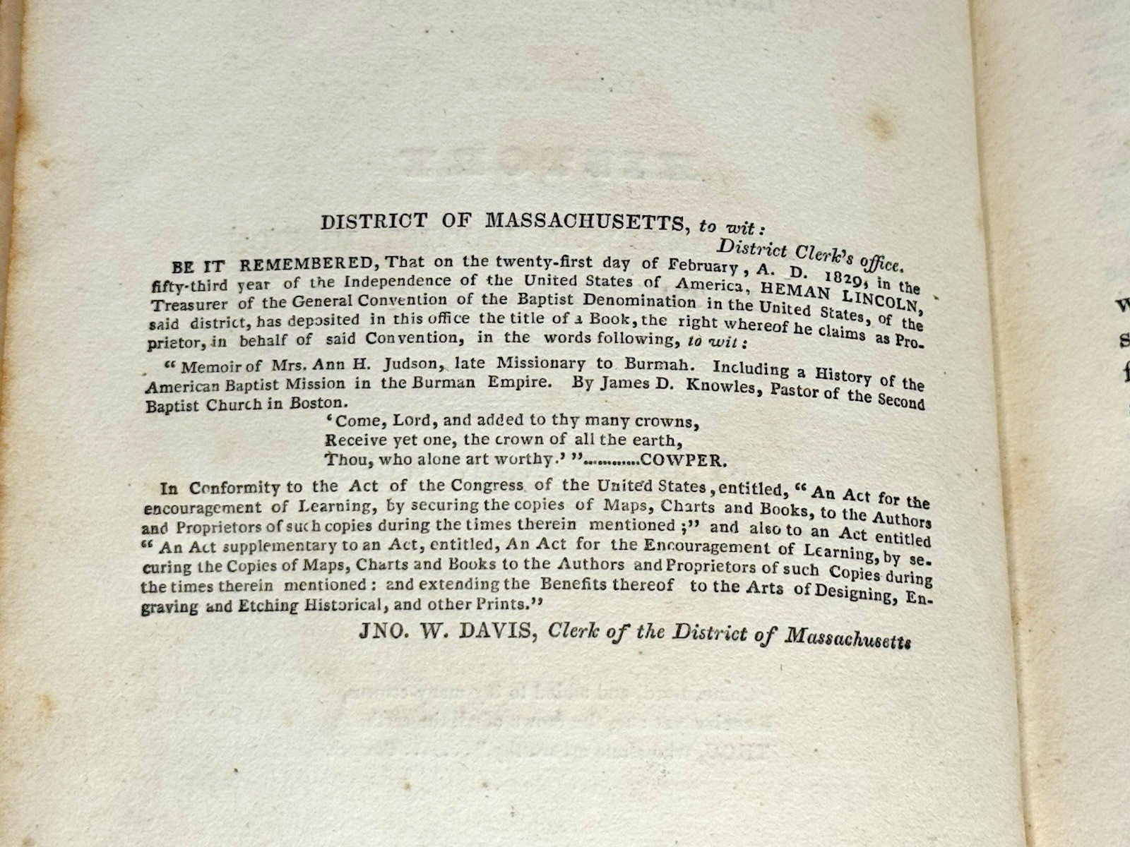 1829 Antique Religious Memoir “Memoir of Mrs. Ann H. Judson” Knowles