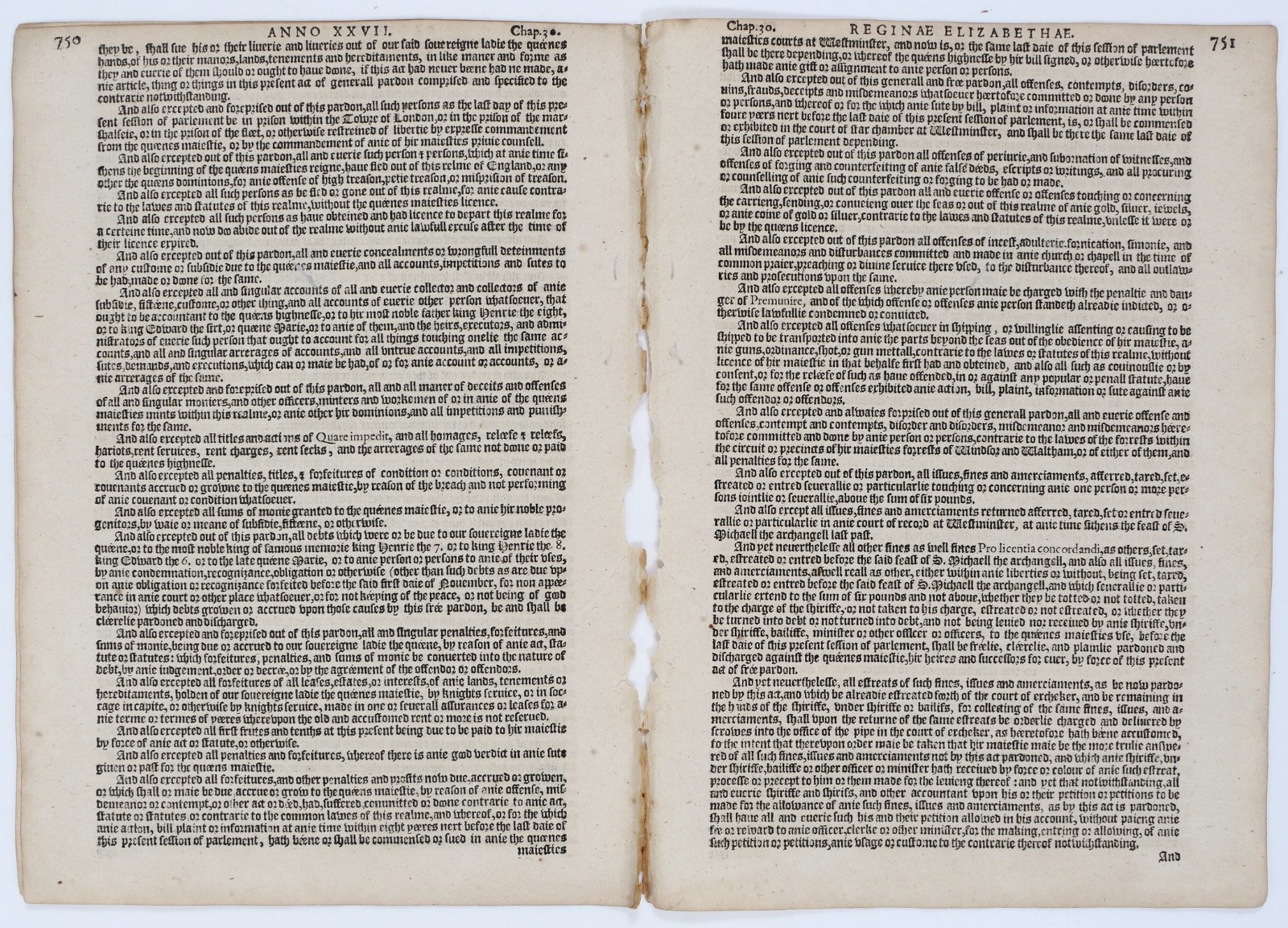Elizabeth I General Pardon Act – 1587 Grafton Statutes Complete 6pp Set