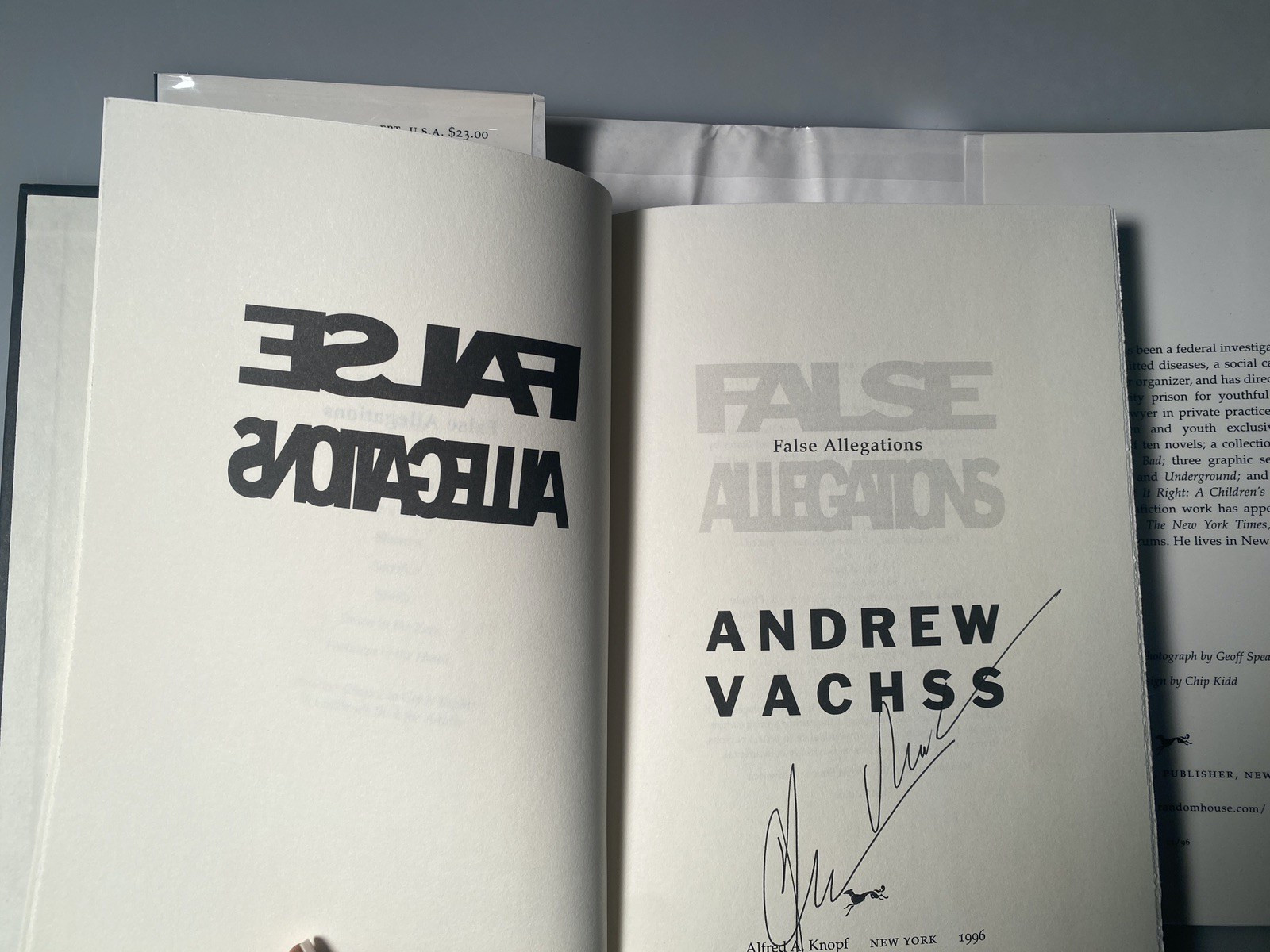 Signed First edition FALSE ALLEGATIONS Andrew Vachss A Burke Mystery Novel 1996
