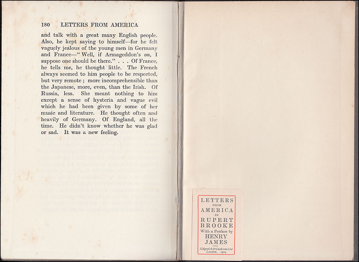 Rupert Brooke LETTERS FROM AMERICA Boston NEW YORK Niagara CANADA Indian ROCKIES