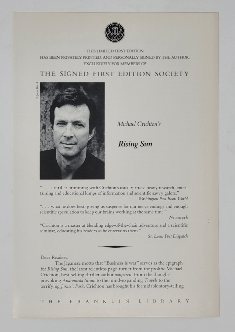 Rising Sun Franklin Library Signed First Edition Michael Crichton Leather Unread