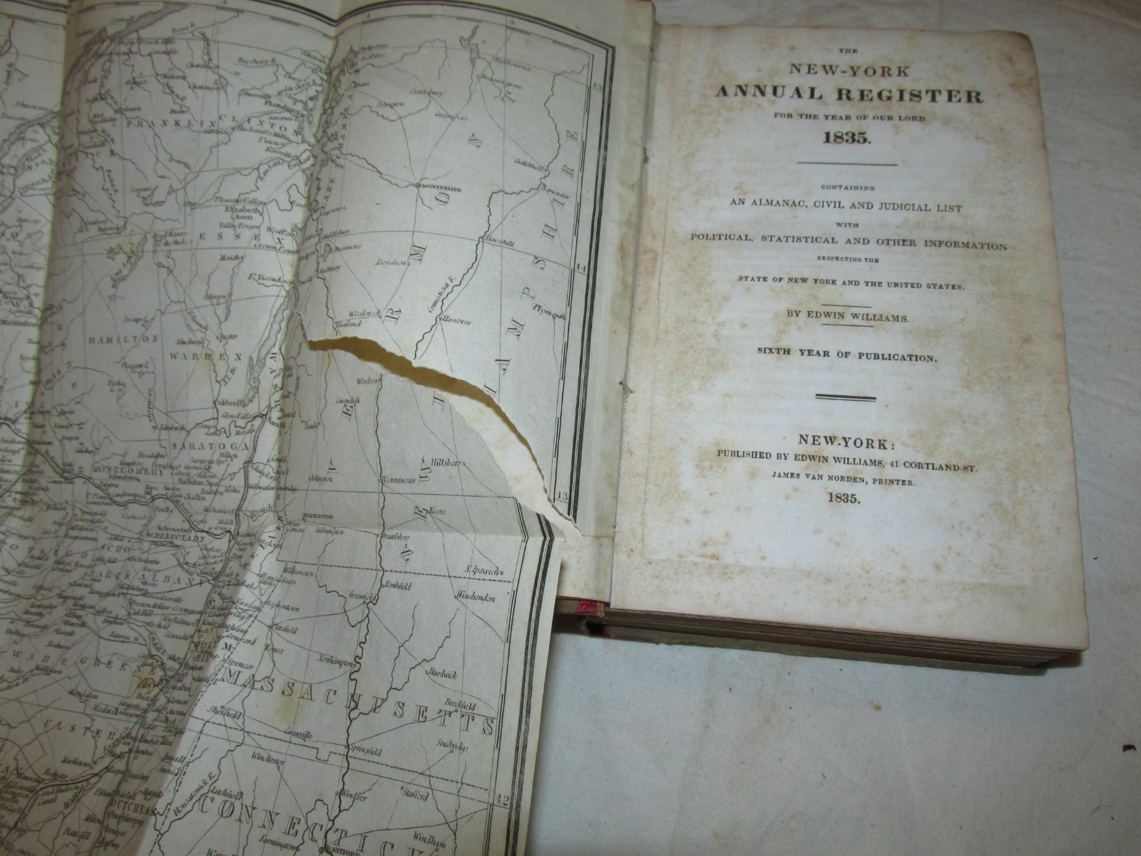 1835 Williams’s New York Annual Register with map, ALMANAC, ED. WILLIAMS