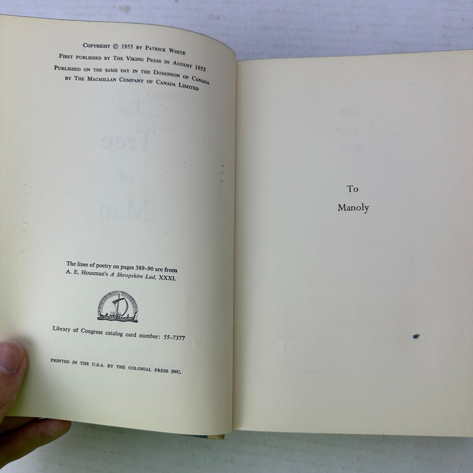 The Tree of Man Patrick White HC 1955 Viking Press First Edition