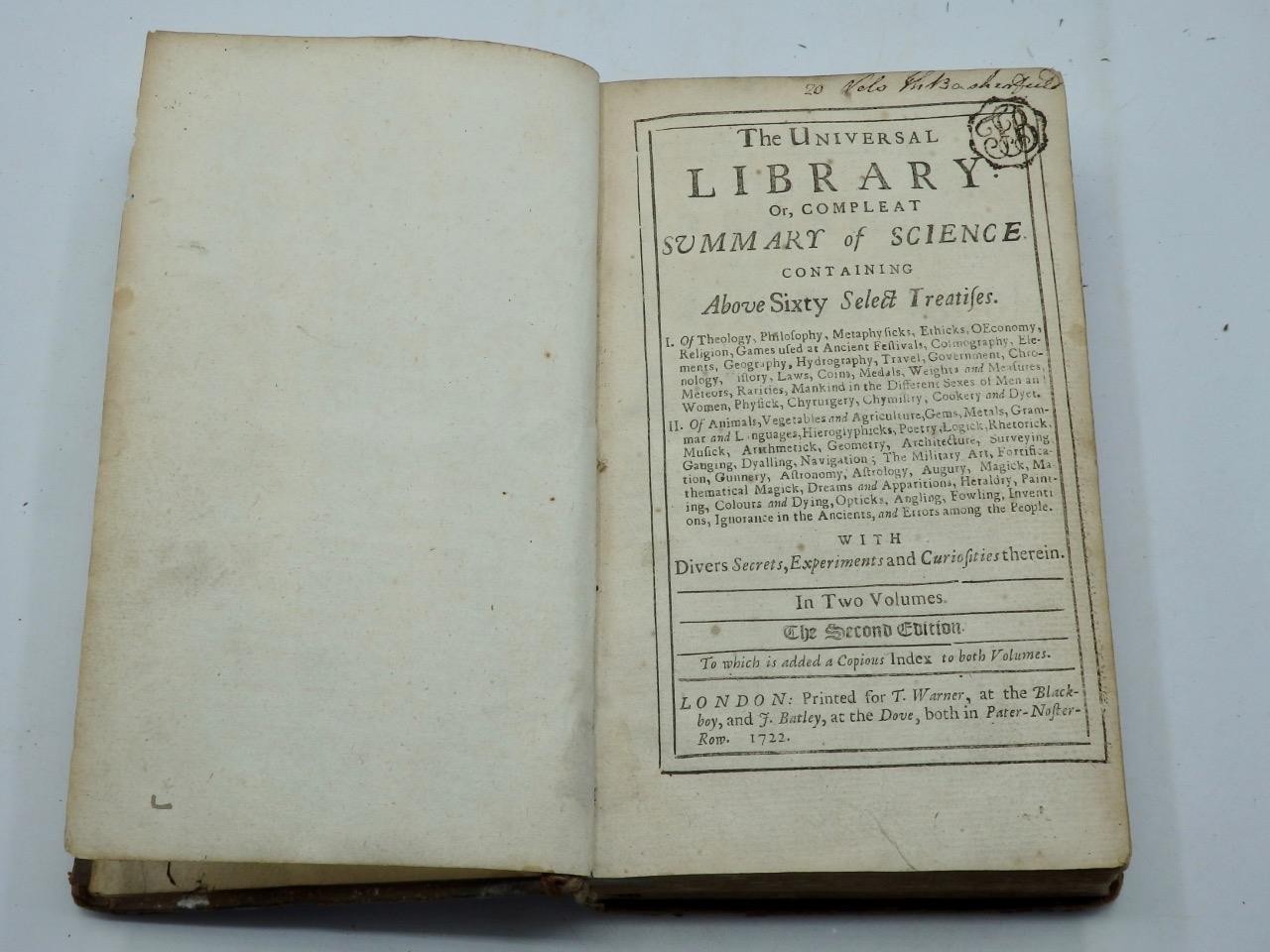 1722 UNIVERSAL LIBRARY or COMPLEAT SUMMARY of SCIENCE – FULL LEATHER Very Clean